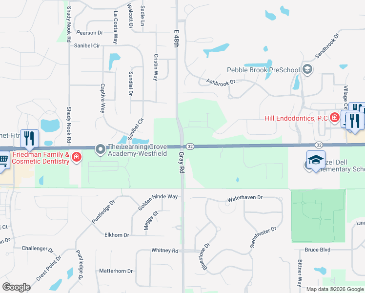 map of restaurants, bars, coffee shops, grocery stores, and more near 17600 Moontown Road in Westfield