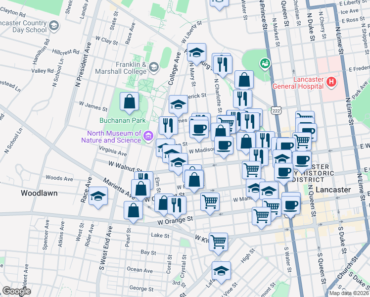 map of restaurants, bars, coffee shops, grocery stores, and more near 346 North Pine Street in Lancaster