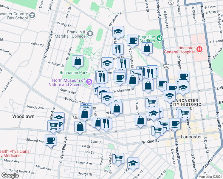 map of restaurants, bars, coffee shops, grocery stores, and more near 346 North Pine Street in Lancaster