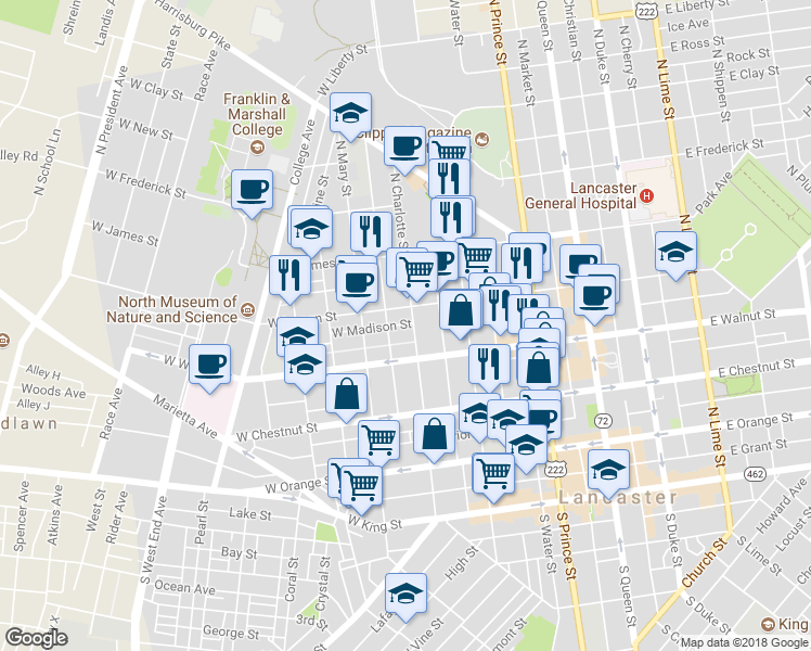 map of restaurants, bars, coffee shops, grocery stores, and more near 336 North Charlotte Street in Lancaster