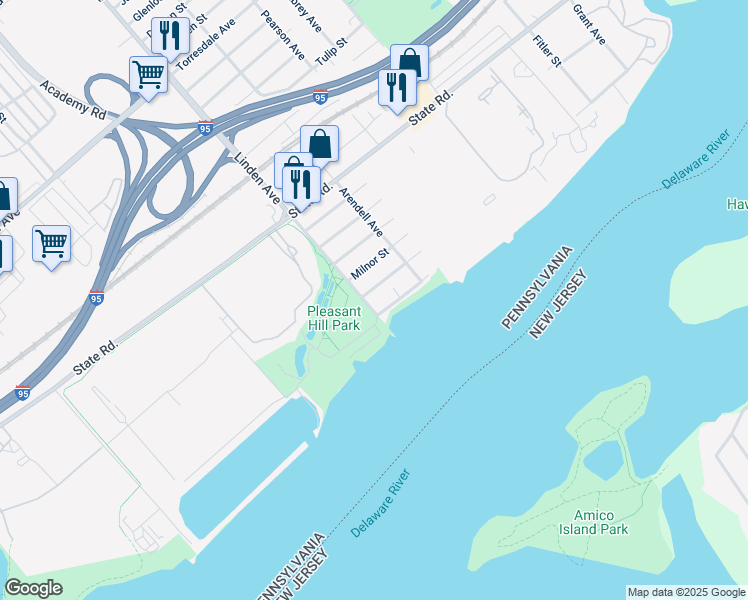 map of restaurants, bars, coffee shops, grocery stores, and more near 5225 Linden Avenue in Philadelphia