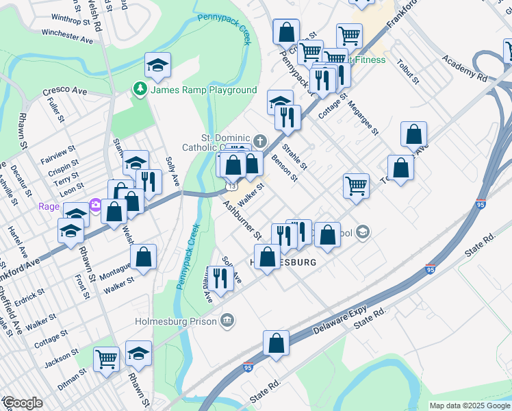 map of restaurants, bars, coffee shops, grocery stores, and more near 8434 Jackson Street in Philadelphia