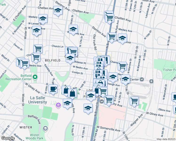 map of restaurants, bars, coffee shops, grocery stores, and more near 1522 West Nedro Avenue in Philadelphia