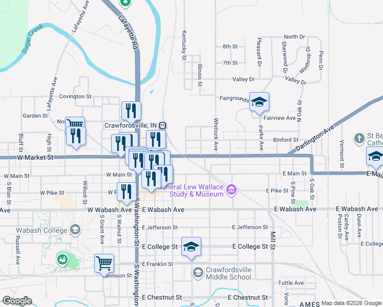 map of restaurants, bars, coffee shops, grocery stores, and more near 407 East Market Street in Crawfordsville