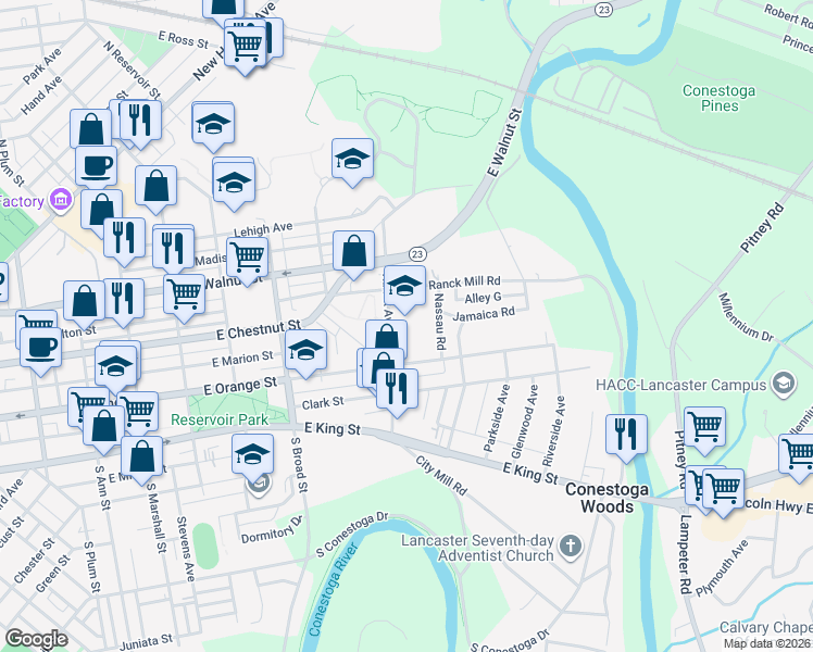 map of restaurants, bars, coffee shops, grocery stores, and more near 1001 East Orange Street in Lancaster