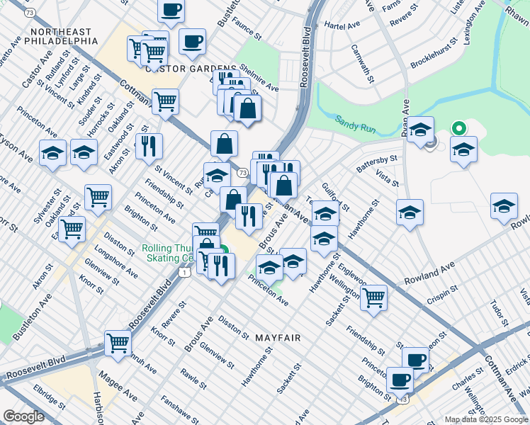 map of restaurants, bars, coffee shops, grocery stores, and more near 7225 Revere Street in Philadelphia