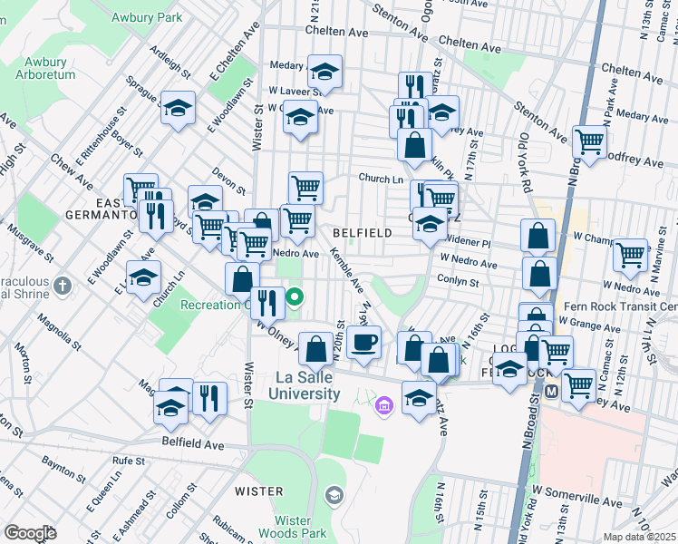 map of restaurants, bars, coffee shops, grocery stores, and more near 5810 North 20th Street in Philadelphia
