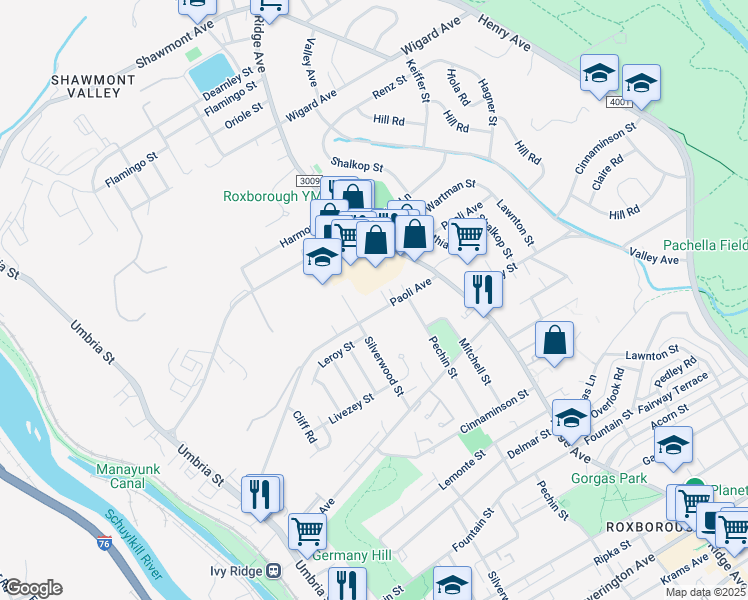 map of restaurants, bars, coffee shops, grocery stores, and more near 424 Paoli Avenue in Philadelphia