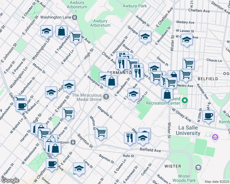 map of restaurants, bars, coffee shops, grocery stores, and more near 5647 Musgrave Street in Philadelphia