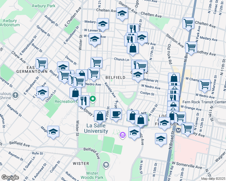 map of restaurants, bars, coffee shops, grocery stores, and more near 5861 Kemble Avenue in Philadelphia