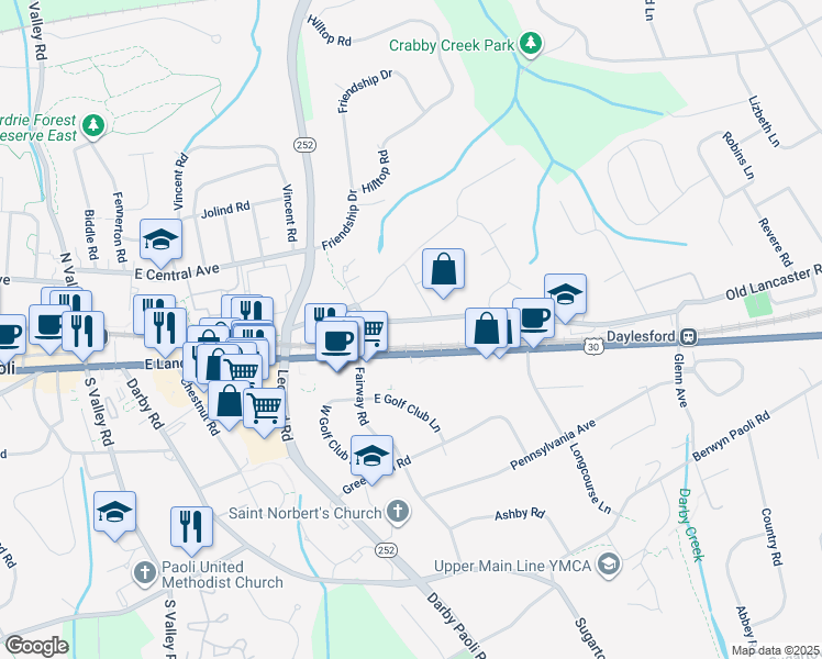 map of restaurants, bars, coffee shops, grocery stores, and more near 1714 Russell Road in Paoli