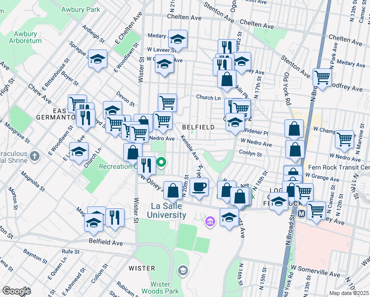 map of restaurants, bars, coffee shops, grocery stores, and more near 5810 North 20th Street in Philadelphia