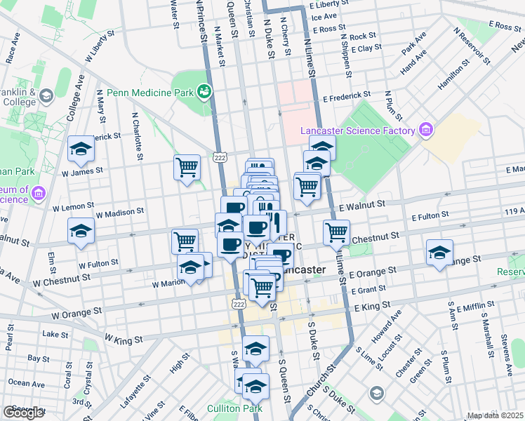 map of restaurants, bars, coffee shops, grocery stores, and more near 313 North Queen Street in Lancaster