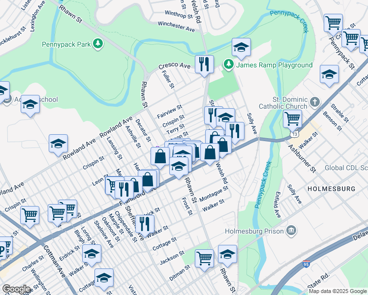 map of restaurants, bars, coffee shops, grocery stores, and more near 8019 Moro Street in Philadelphia