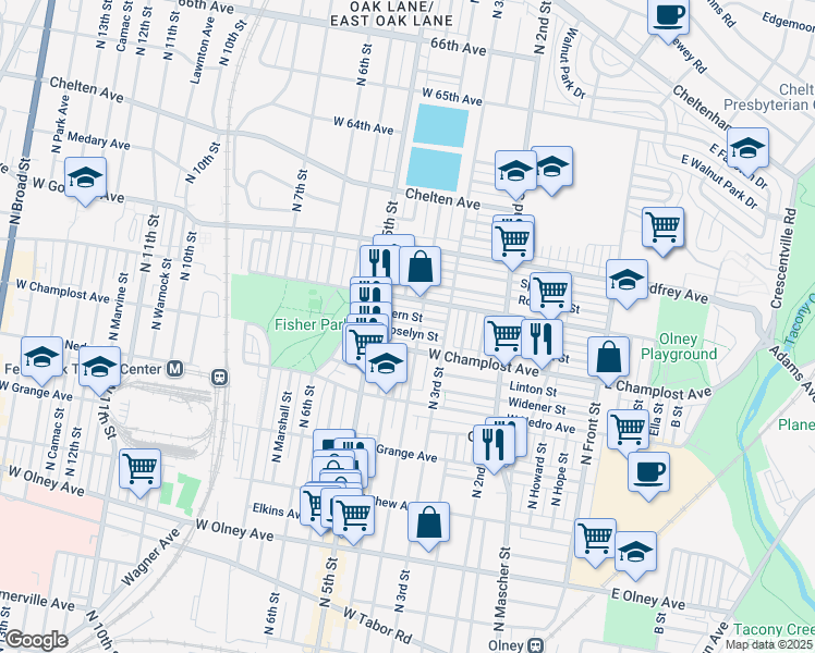 map of restaurants, bars, coffee shops, grocery stores, and more near 415 Roselyn Street in Philadelphia