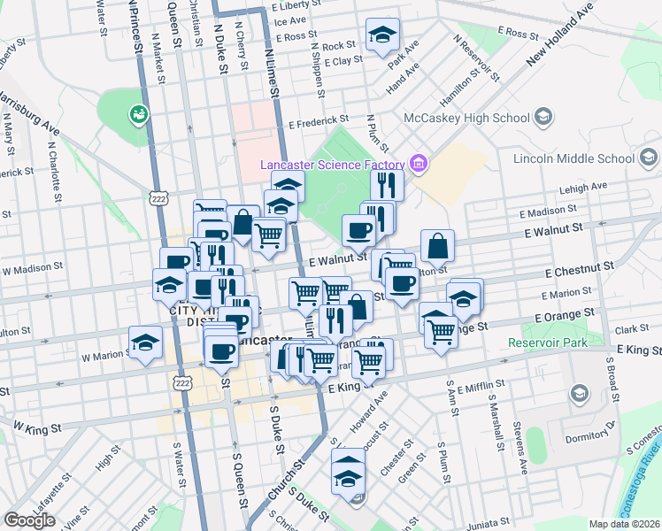 map of restaurants, bars, coffee shops, grocery stores, and more near 240 East Fulton Street in Lancaster