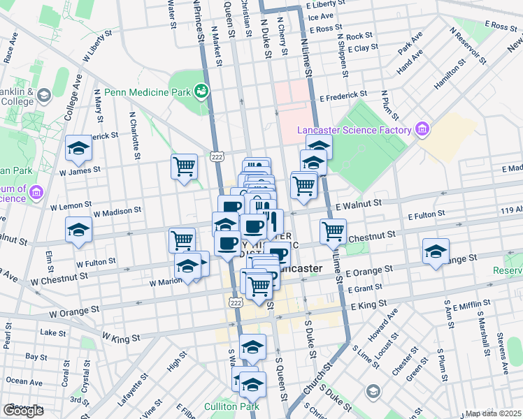 map of restaurants, bars, coffee shops, grocery stores, and more near 313 North Queen Street in Lancaster