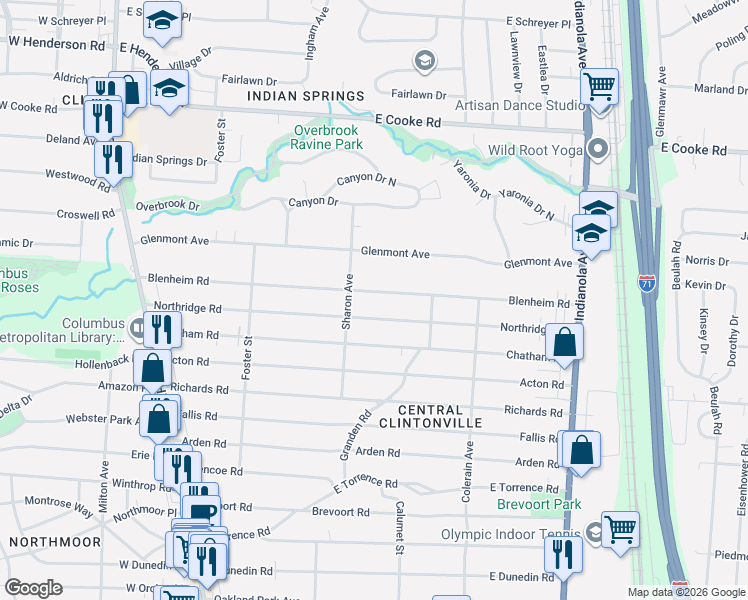 map of restaurants, bars, coffee shops, grocery stores, and more near 372 Northridge Road in Columbus