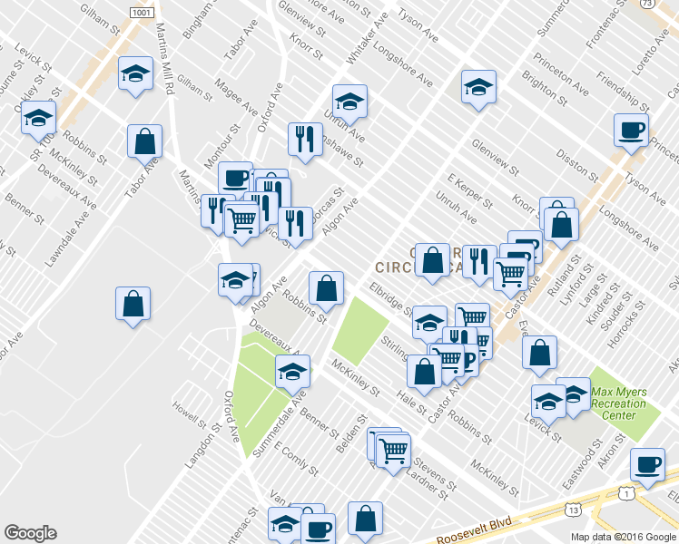 map of restaurants, bars, coffee shops, grocery stores, and more near 1047 Levick Street in Philadelphia