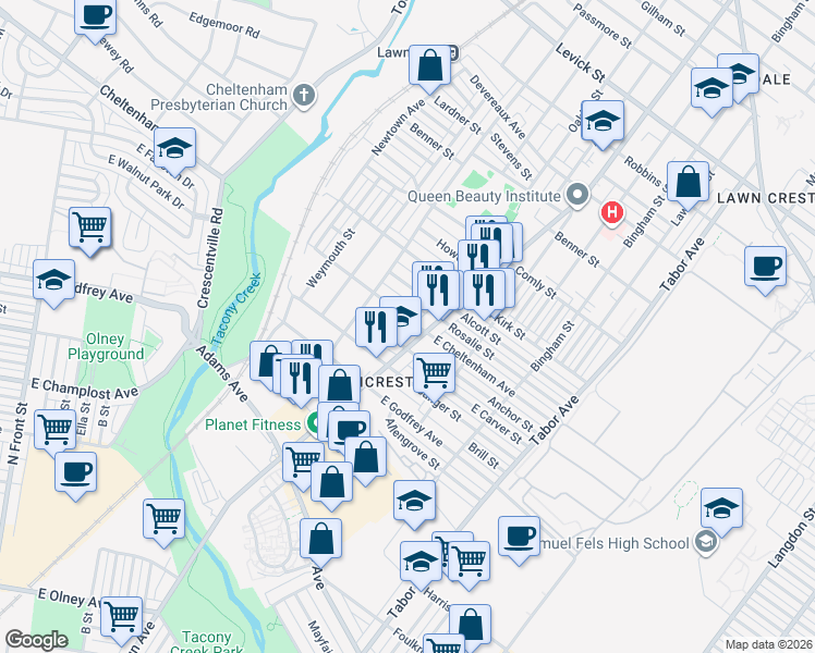 map of restaurants, bars, coffee shops, grocery stores, and more near 5738 SR 1001 in Philadelphia