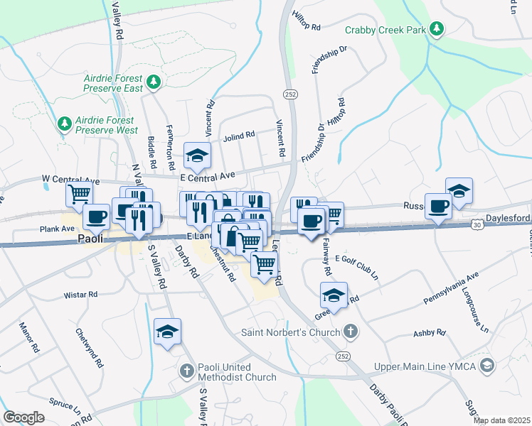 map of restaurants, bars, coffee shops, grocery stores, and more near 600 Paoli Pointe Drive in Paoli