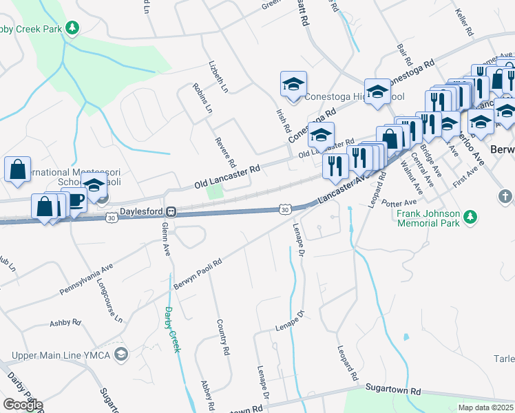 map of restaurants, bars, coffee shops, grocery stores, and more near 1224 Lancaster Avenue in Berwyn