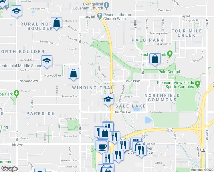 map of restaurants, bars, coffee shops, grocery stores, and more near 3740 Birchwood Drive in Boulder