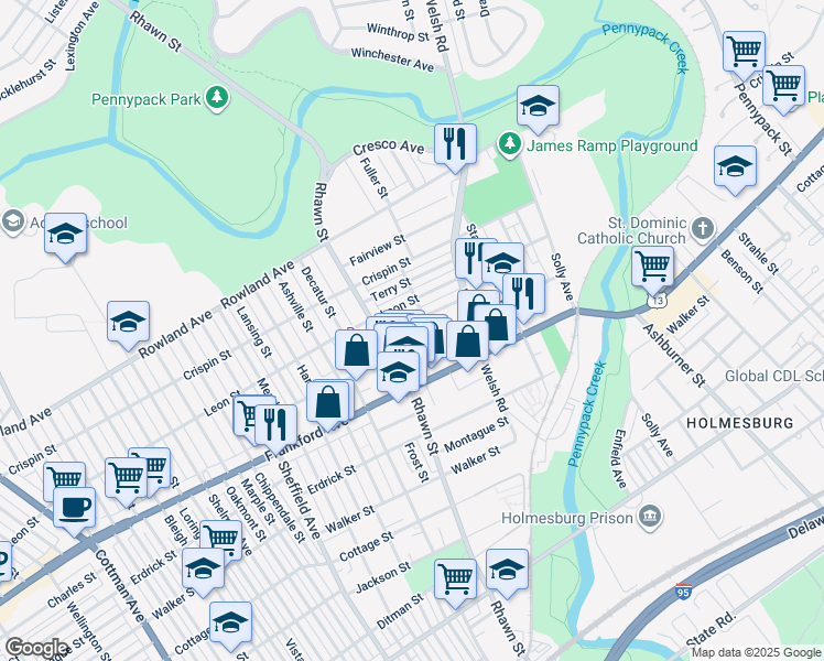 map of restaurants, bars, coffee shops, grocery stores, and more near 8012 Craig Street in Philadelphia
