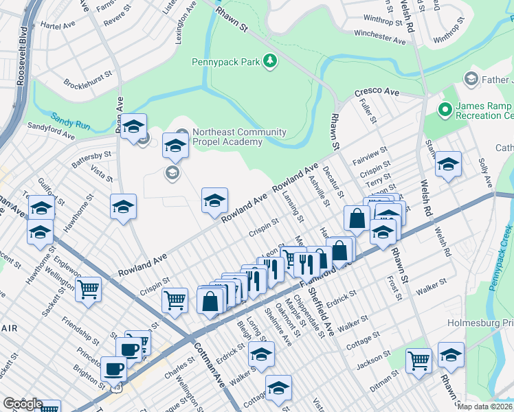 map of restaurants, bars, coffee shops, grocery stores, and more near 3336 Sheffield Avenue in Philadelphia