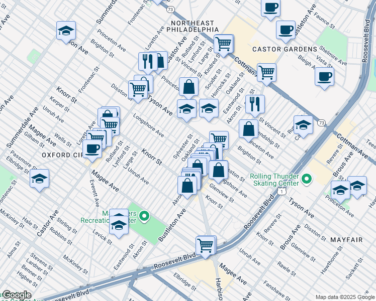 map of restaurants, bars, coffee shops, grocery stores, and more near 6848 Eastwood Street in Philadelphia