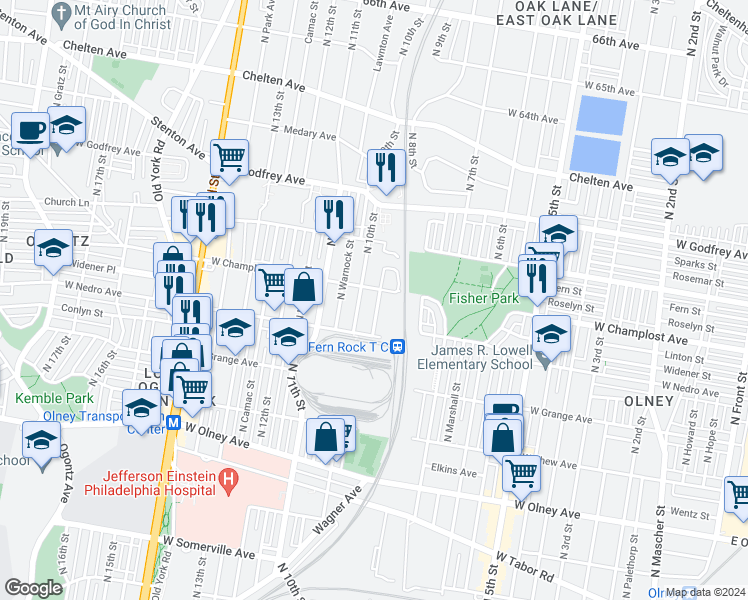 map of restaurants, bars, coffee shops, grocery stores, and more near 5915 North 10th Street in Philadelphia