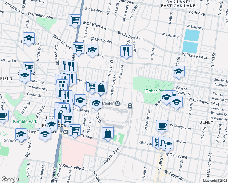 map of restaurants, bars, coffee shops, grocery stores, and more near 5910 North Warnock Street in Philadelphia
