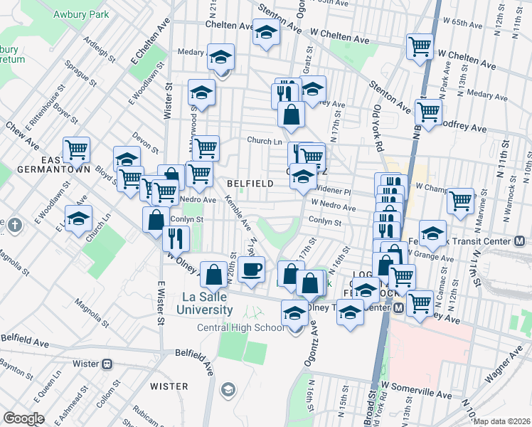 map of restaurants, bars, coffee shops, grocery stores, and more near 1823 West Grange Avenue in Philadelphia