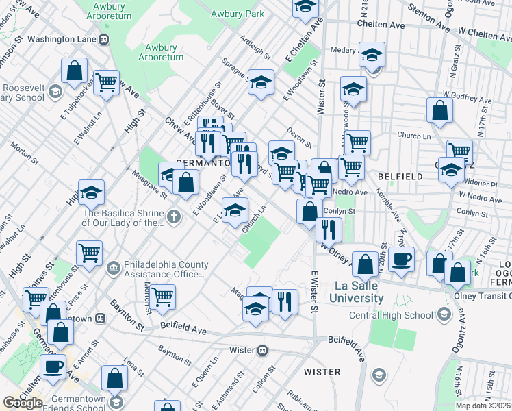 map of restaurants, bars, coffee shops, grocery stores, and more near 705 Church Lane in Philadelphia