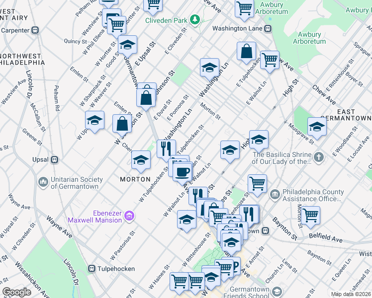 map of restaurants, bars, coffee shops, grocery stores, and more near 44 East Pastorius Street in Philadelphia