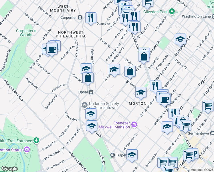 map of restaurants, bars, coffee shops, grocery stores, and more near 6439 Greene Street in Philadelphia