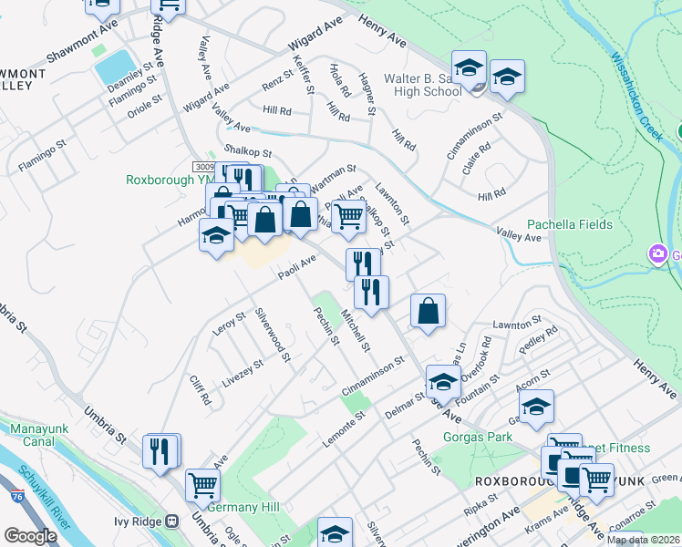 map of restaurants, bars, coffee shops, grocery stores, and more near 6807 Mitchell Street in Philadelphia