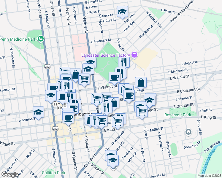 map of restaurants, bars, coffee shops, grocery stores, and more near 240 East Fulton Street in Lancaster