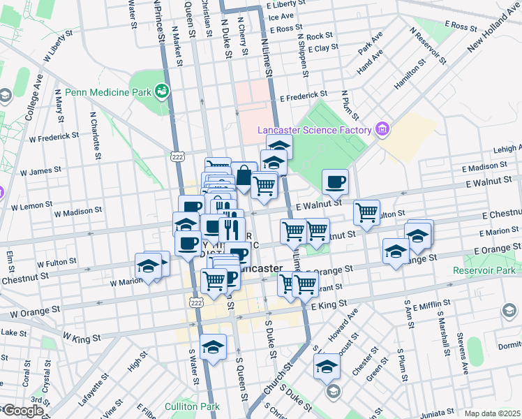 map of restaurants, bars, coffee shops, grocery stores, and more near 237 North Cherry Street in Lancaster