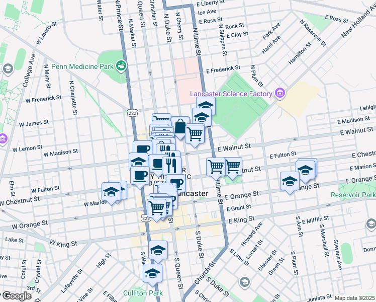 map of restaurants, bars, coffee shops, grocery stores, and more near 38 East Walnut Street in Lancaster
