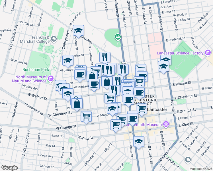 map of restaurants, bars, coffee shops, grocery stores, and more near 312 North Concord Street in Lancaster