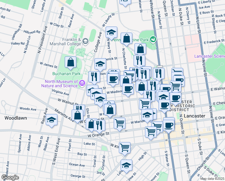 map of restaurants, bars, coffee shops, grocery stores, and more near 319 North Mary Street in Lancaster