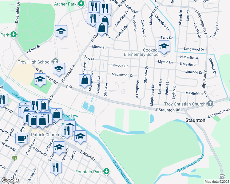 map of restaurants, bars, coffee shops, grocery stores, and more near 560 East Staunton Road in Troy