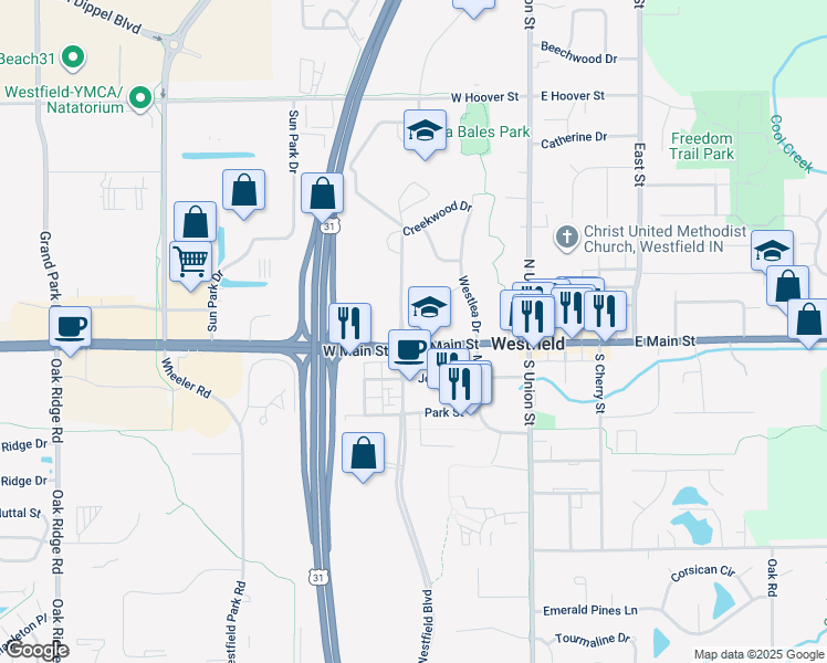 map of restaurants, bars, coffee shops, grocery stores, and more near 315 West Main Street in Westfield