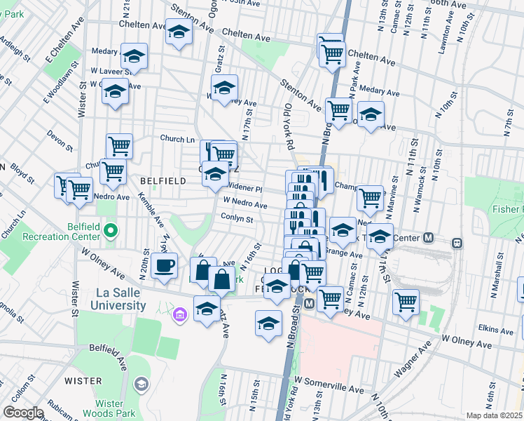 map of restaurants, bars, coffee shops, grocery stores, and more near 1536 West Nedro Avenue in Philadelphia