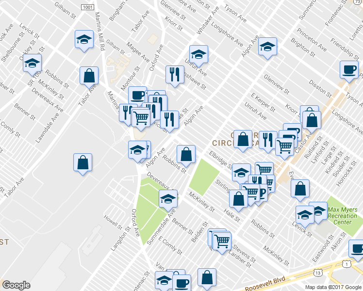 map of restaurants, bars, coffee shops, grocery stores, and more near 1016 Levick Street in Philadelphia
