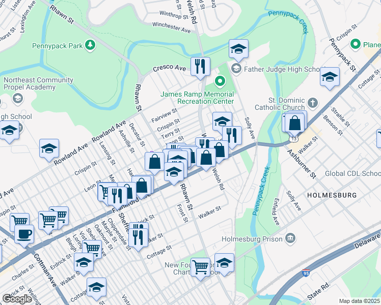 map of restaurants, bars, coffee shops, grocery stores, and more near 8052 Craig Street in Philadelphia
