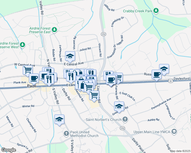 map of restaurants, bars, coffee shops, grocery stores, and more near 600 Paoli Pointe Drive in Paoli