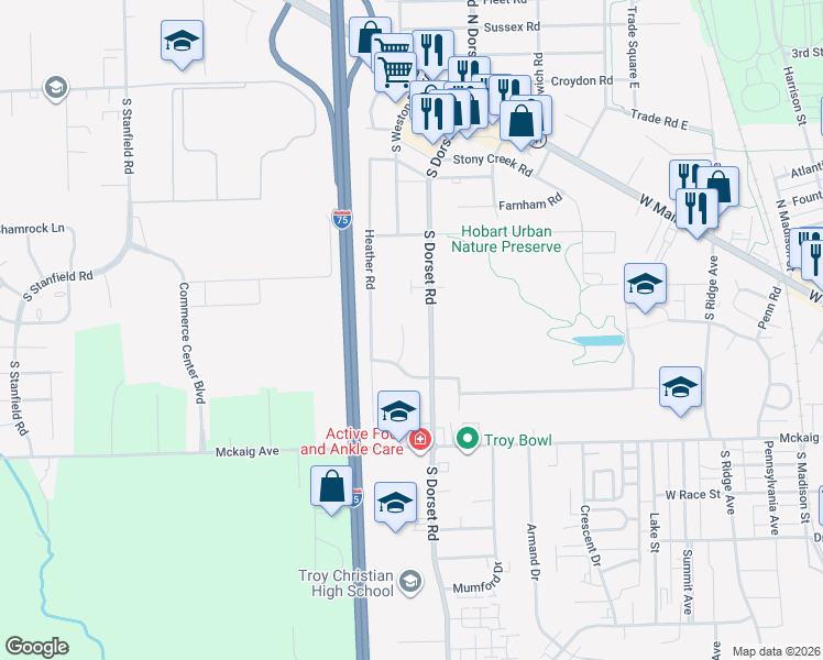 map of restaurants, bars, coffee shops, grocery stores, and more near 135 Hampton Place in Troy