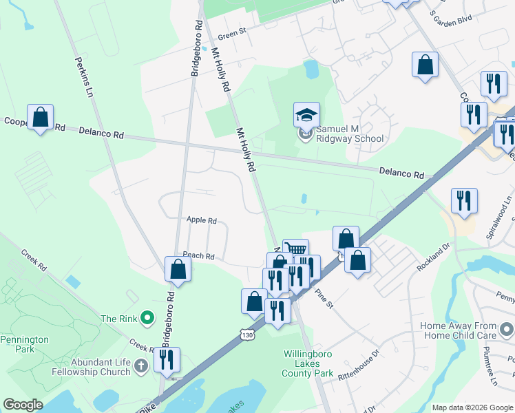 map of restaurants, bars, coffee shops, grocery stores, and more near 1503 Mount Holly Road in Beverly